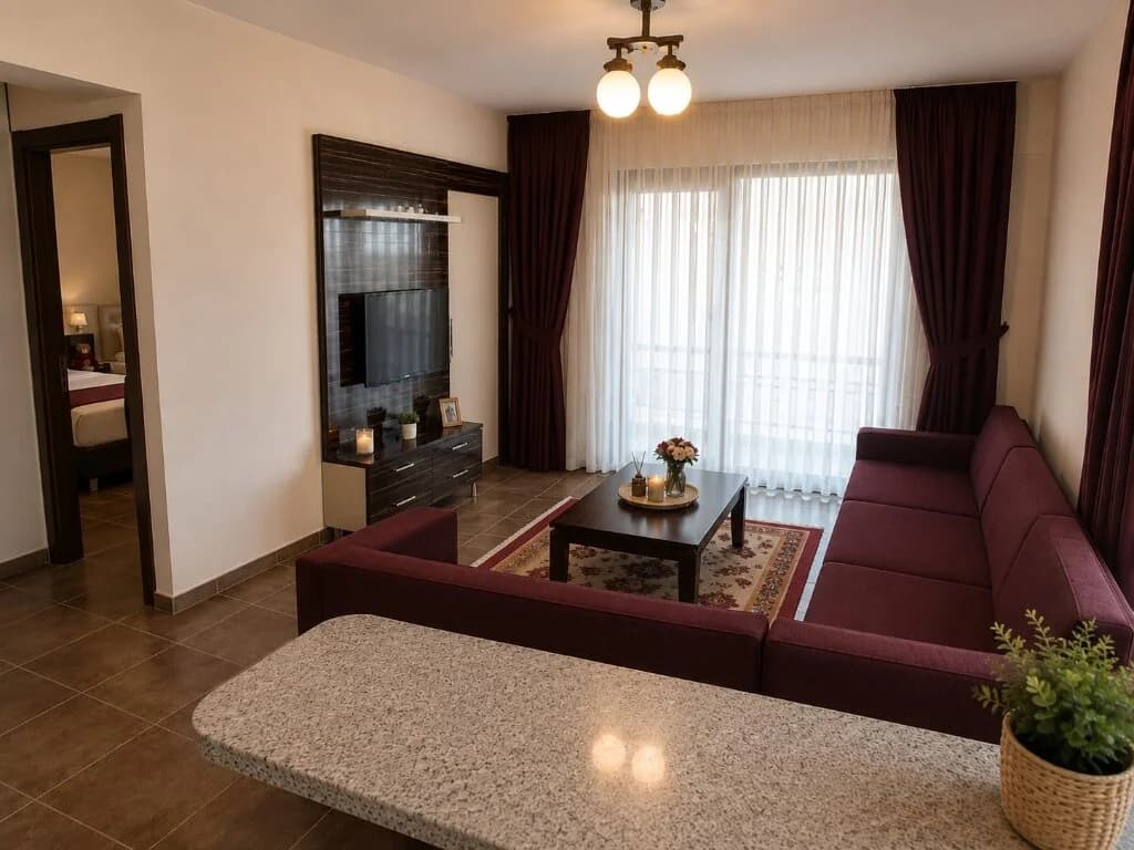 1+1 dairenin salonu, mutfağı ve yatak odası